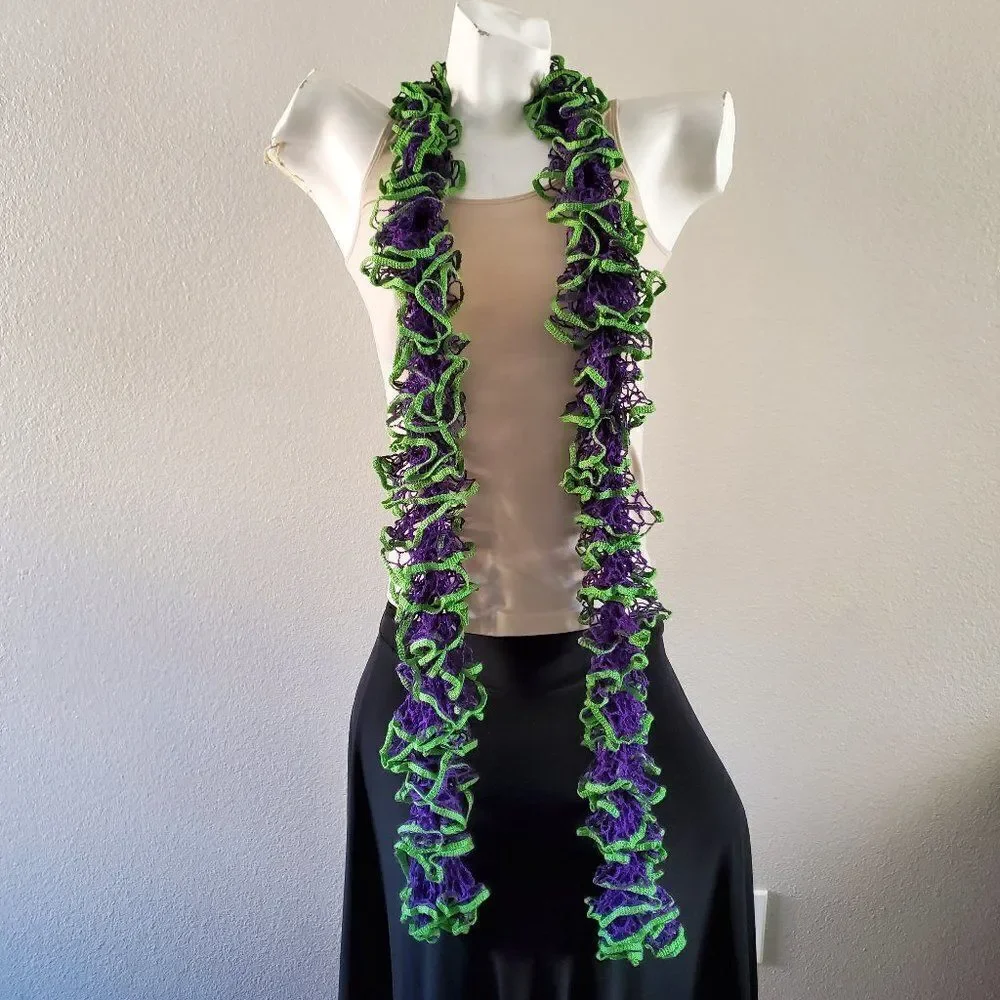 BOGO Scarf Sale - Hand Crafted crochet purple and green ruffle scarf